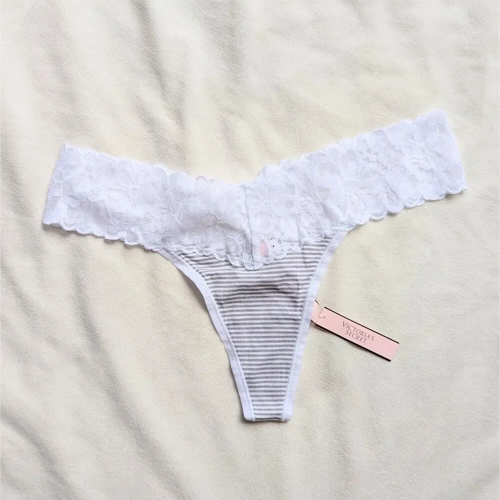 Victoria's Secret The Lacie Lace-Waist Cotton Thong Panties M New